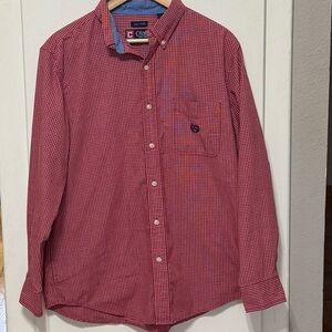 Chaps Button Down Checkered Shirt Easy Care Red White Long Sleeve Mens Size L